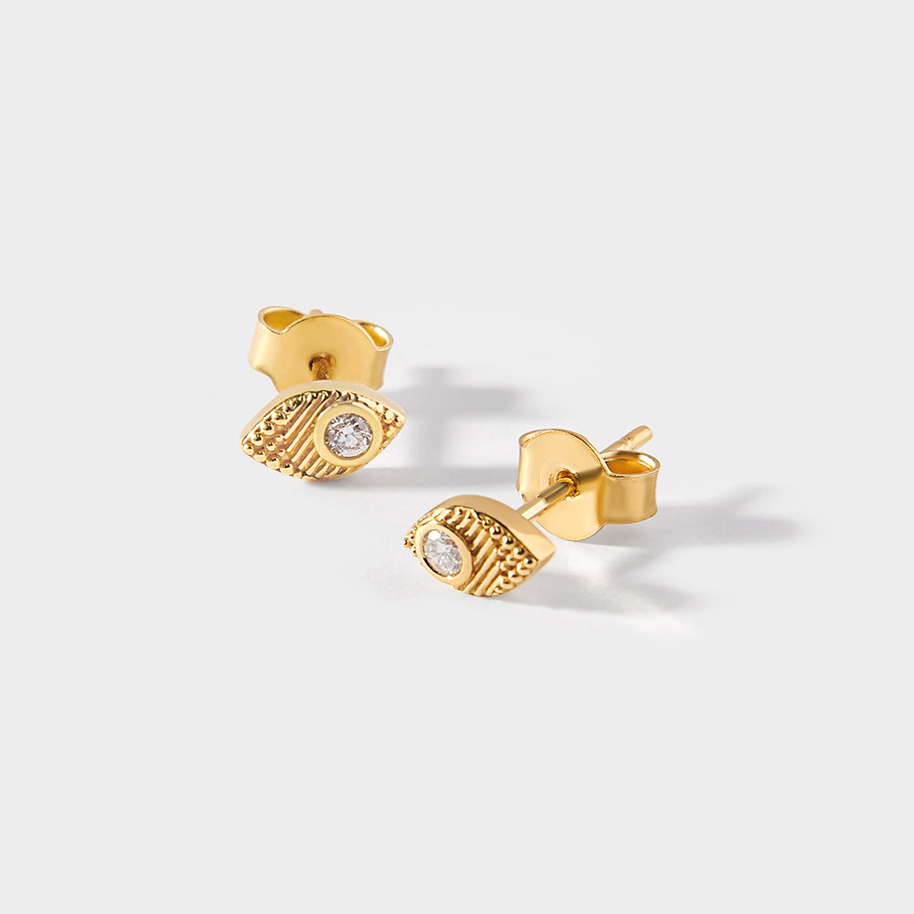 Evil Eye Diamond Stud Earrings  - Yellow Gold